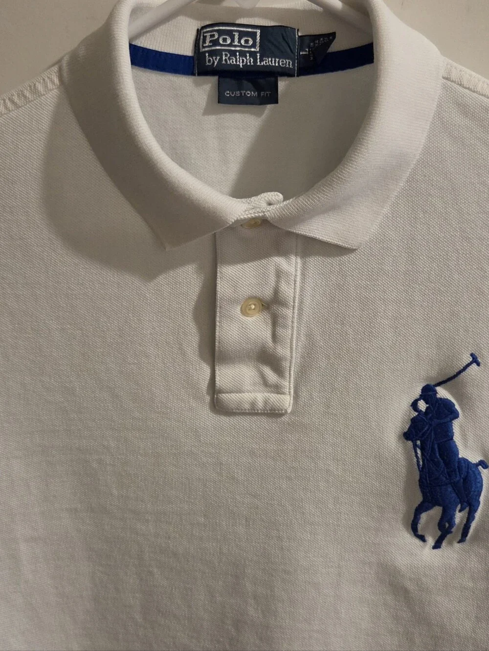 Ralph Lauren Big Pony Polo Shirt - Custom-Fit Size Large - White & Royal Blue